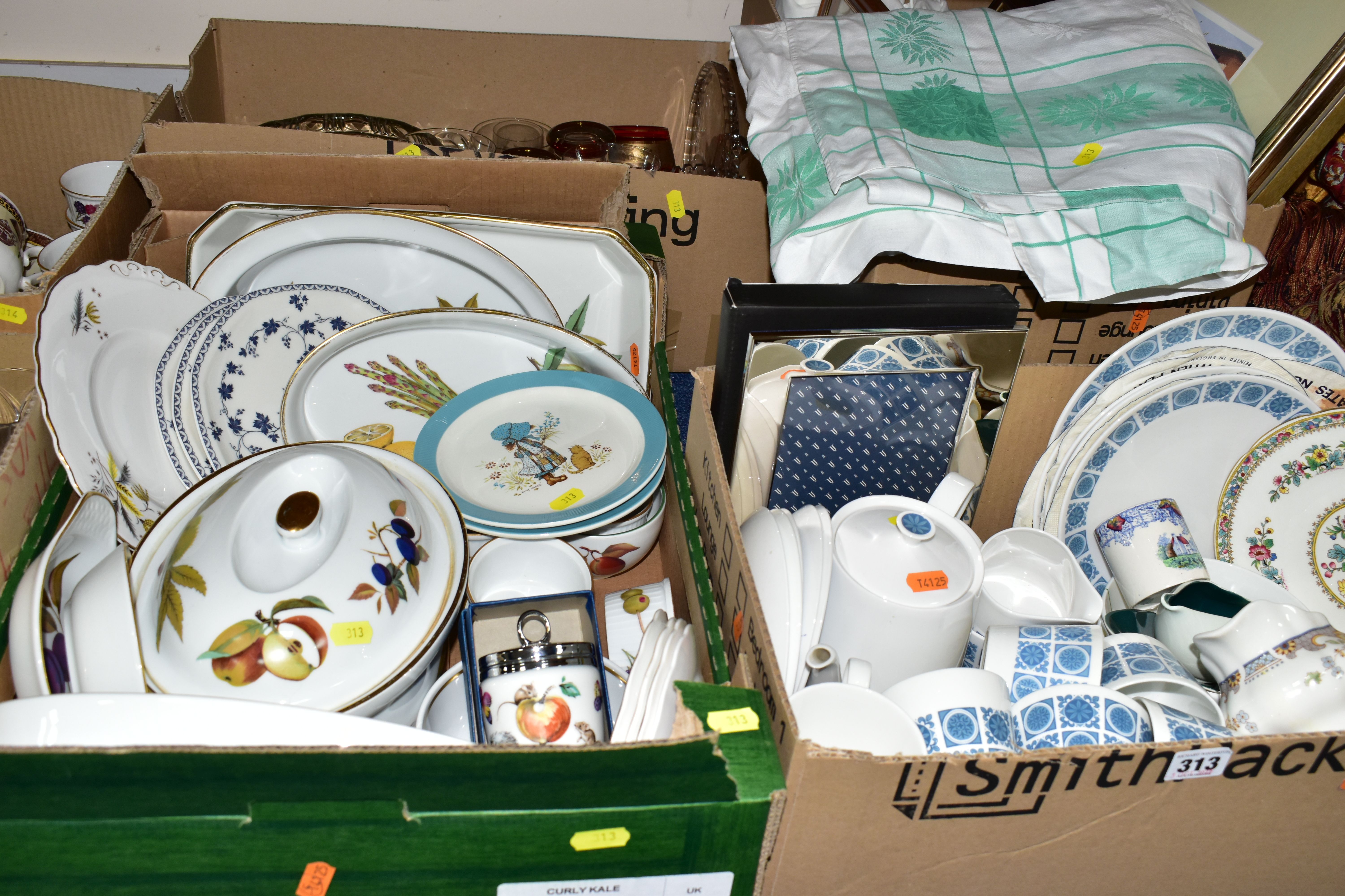 FOUR BOXES OF CERAMICS, LINEN AND GLASSWARES, to include a Royal Tuscan 'Charade' tea set with seven