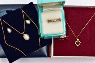 TWO PENDANT NECKLACES, EARRINGS AND TWO RINGS, to include an earring and pendant necklace set, the
