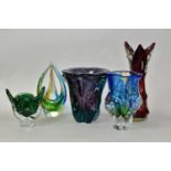 FIVE PIECES OF STUDIO GLASS, comprising a purple and aqua Murano vase, a small green Chribska Cat'