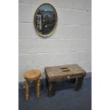 AN ANTIQUE PINE STOOL, length 61cm, a beech circular stool, and a gilt wall mirror (condition:-
