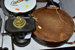 COMMERCIAL KITCHENALIA TO INCLUDE A GERMANIA No. 00 BREAD SLICER, a set of cast iron butter scales