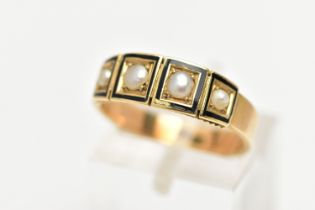 A LATE 19TH CENTURY GOLD RING, four split pearls set in a gold band ring with black enamel detail,