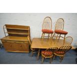 A PRIORY LIGHT OAK ERCOL STYLE BLONDE ELM LOUNGE SUITE, comprising an extending dining table, with a