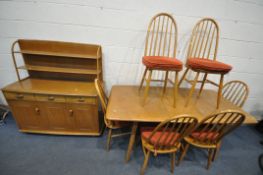 A PRIORY LIGHT OAK ERCOL STYLE BLONDE ELM LOUNGE SUITE, comprising an extending dining table, with a