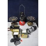 TWO VINTAGE PARASENE BRASS STOVES along with a gas lantern, electric clip on light (UNTESTED), a