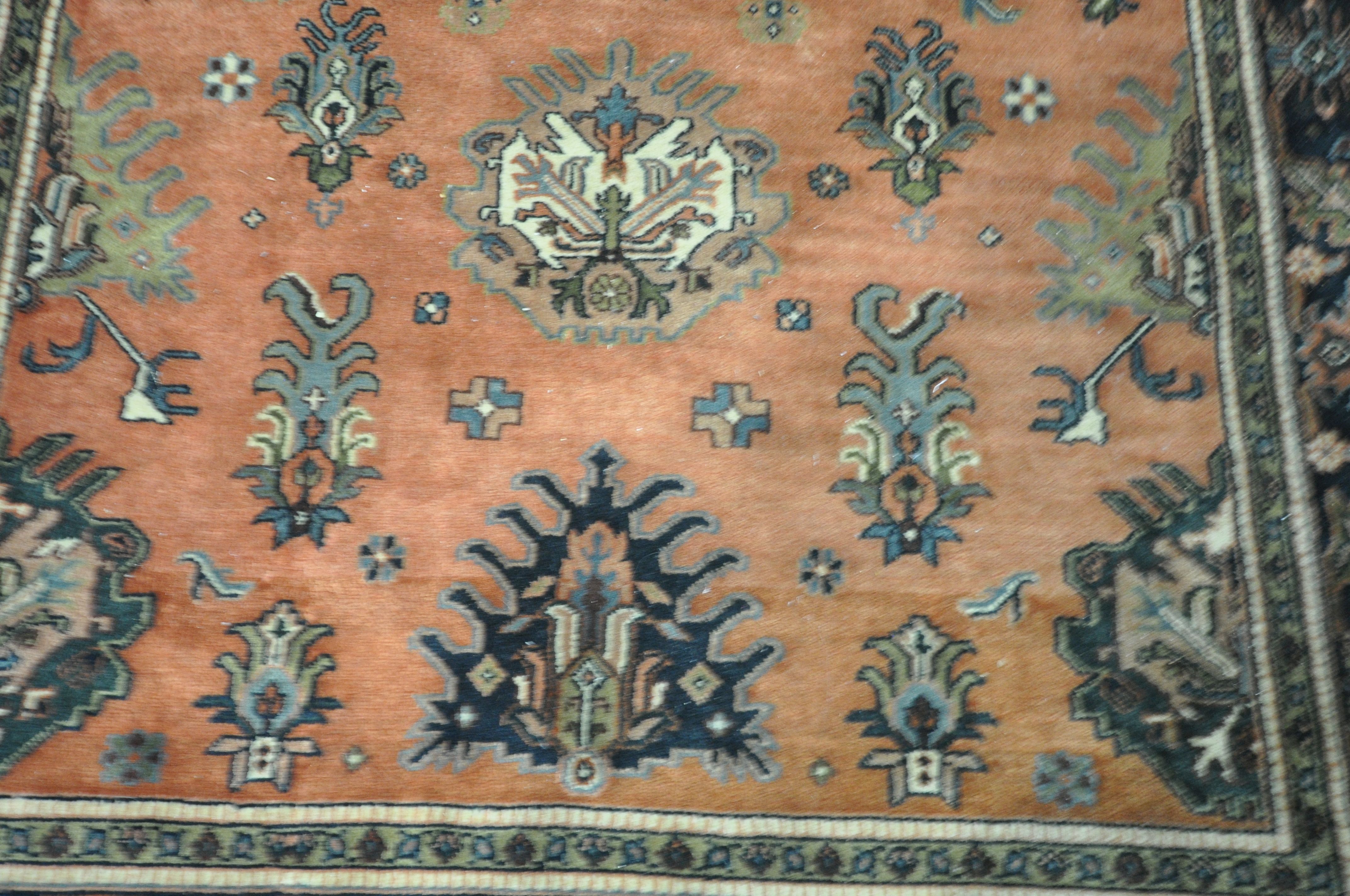 A 20TH CENTURY KULA RUG, with a red field, 250cm x 157cm, along with a gold floral rug, 215cm x - Bild 3 aus 6