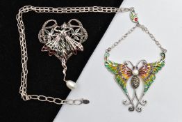 A SET OF WHITE METAL PLIQUE A JOUR AND GEM SET JEWELLERY, to include a butterfly necklace, with