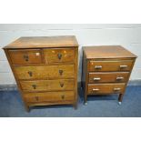 AN OAK CHEST OF FIVE DRAWERS, width 77cm x depth 46cm x height 102cm, and a smaller oak chest of