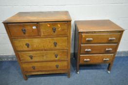 AN OAK CHEST OF FIVE DRAWERS, width 77cm x depth 46cm x height 102cm, and a smaller oak chest of