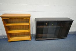 A PRIORY DARK LOW BOOKCASE, width 138cm x depth 35cm x height 87cm, and a pine open bookcase (