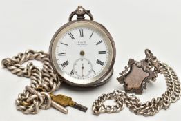 A SILVER POCKET WATCH, TWO ALBERT CHAINS AND A FOB, key wound movement, white dial, signed 'Kay's'