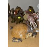 FIVE AMATEUR STUDIO POTTERY ANIMALS, comprising a tortoise, elephant, dragon and two fish with