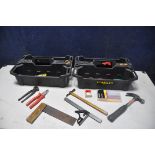 TWO STANLEY TUBS CONTAINING TOOLS to include screwdrivers, hammers, clips, saws etc