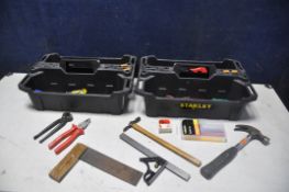 TWO STANLEY TUBS CONTAINING TOOLS to include screwdrivers, hammers, clips, saws etc