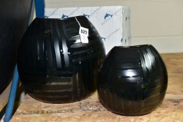 TWO POOLE POTTERY 'VOGUE' DESIGN PURSE VASES, in black Satin and Silk design, one 20cm the other