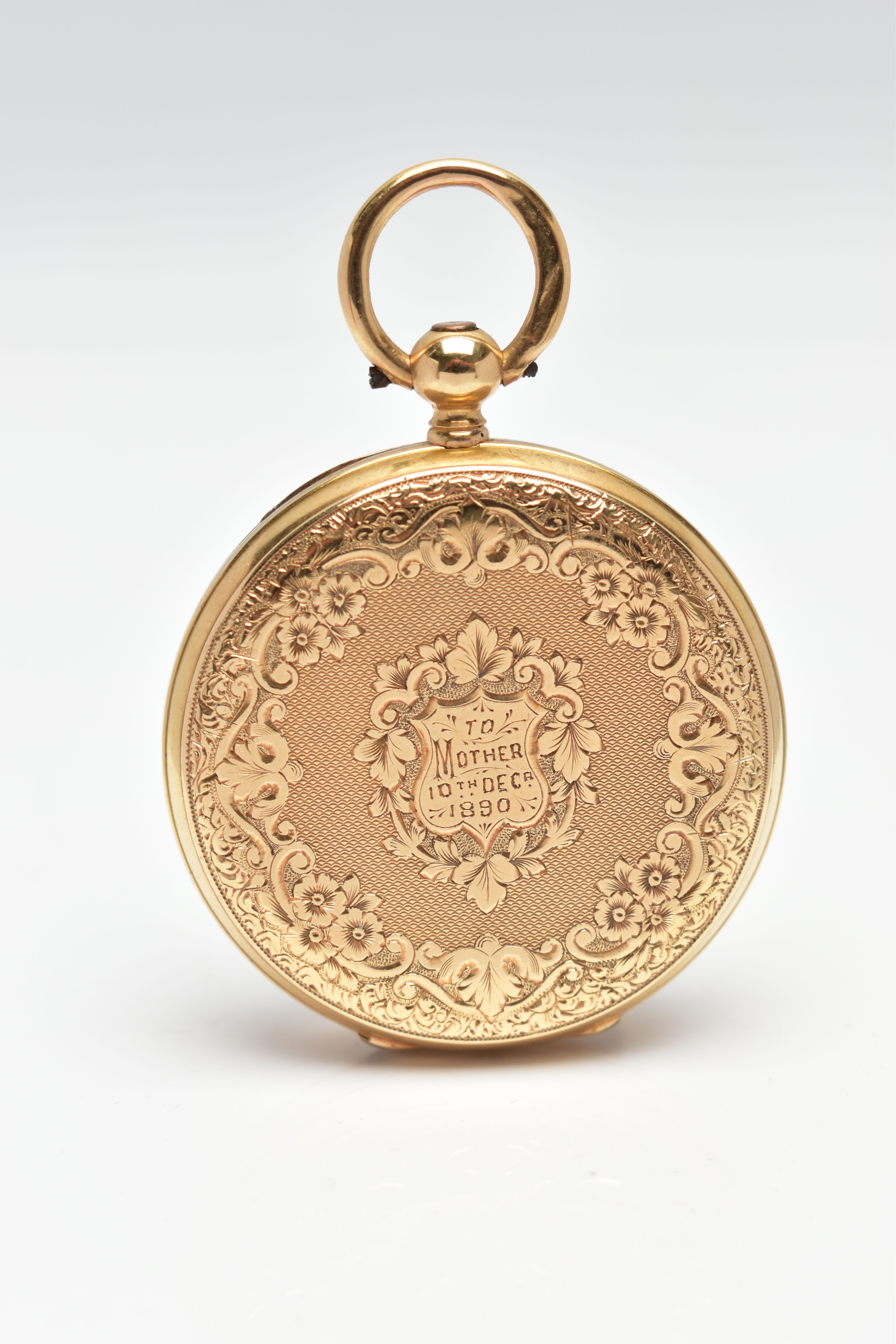 A LATE 19TH CENTURY 18CT GOLD POCKET WATCH, a ladys key wound pocket watch, gold tone floral dial, - Image 4 of 7