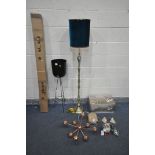 A SELECTION OF LIGHTING, to include a brassed standard lamp with a green fabric shade, a boxes
