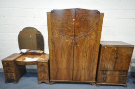 AN ART DECO WALNUT THREE PIECE BEDROOM SUITE, comprising a double door wardrobe, width 119cm x depth