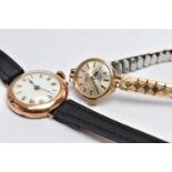 TWO LADIES 9CT GOLD WRISTWATCHES, the first a manual wind watch with a round white dial, Roman