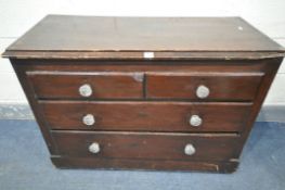 A 19TH CENTURY STAINED PINE CHEST OF TWO SHORT OVER TWO LONG DRAWERS, length 106cm x depth 48cm x
