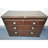 A 19TH CENTURY STAINED PINE CHEST OF TWO SHORT OVER TWO LONG DRAWERS, length 106cm x depth 48cm x