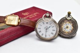 A 'RAYMOND WEIL' 18K GOLD PLATED WRISTWATCH AND TWO POCKET WATCHES, quartz movement, rectangular