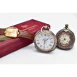 A 'RAYMOND WEIL' 18K GOLD PLATED WRISTWATCH AND TWO POCKET WATCHES, quartz movement, rectangular