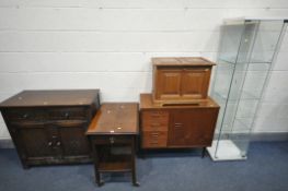 A MID CENTURY TEAK SEWING CABINET, with hinged lid and four drawers, width 86cm x depth 42cm x 78cm,