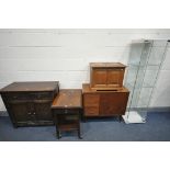 A MID CENTURY TEAK SEWING CABINET, with hinged lid and four drawers, width 86cm x depth 42cm x 78cm,