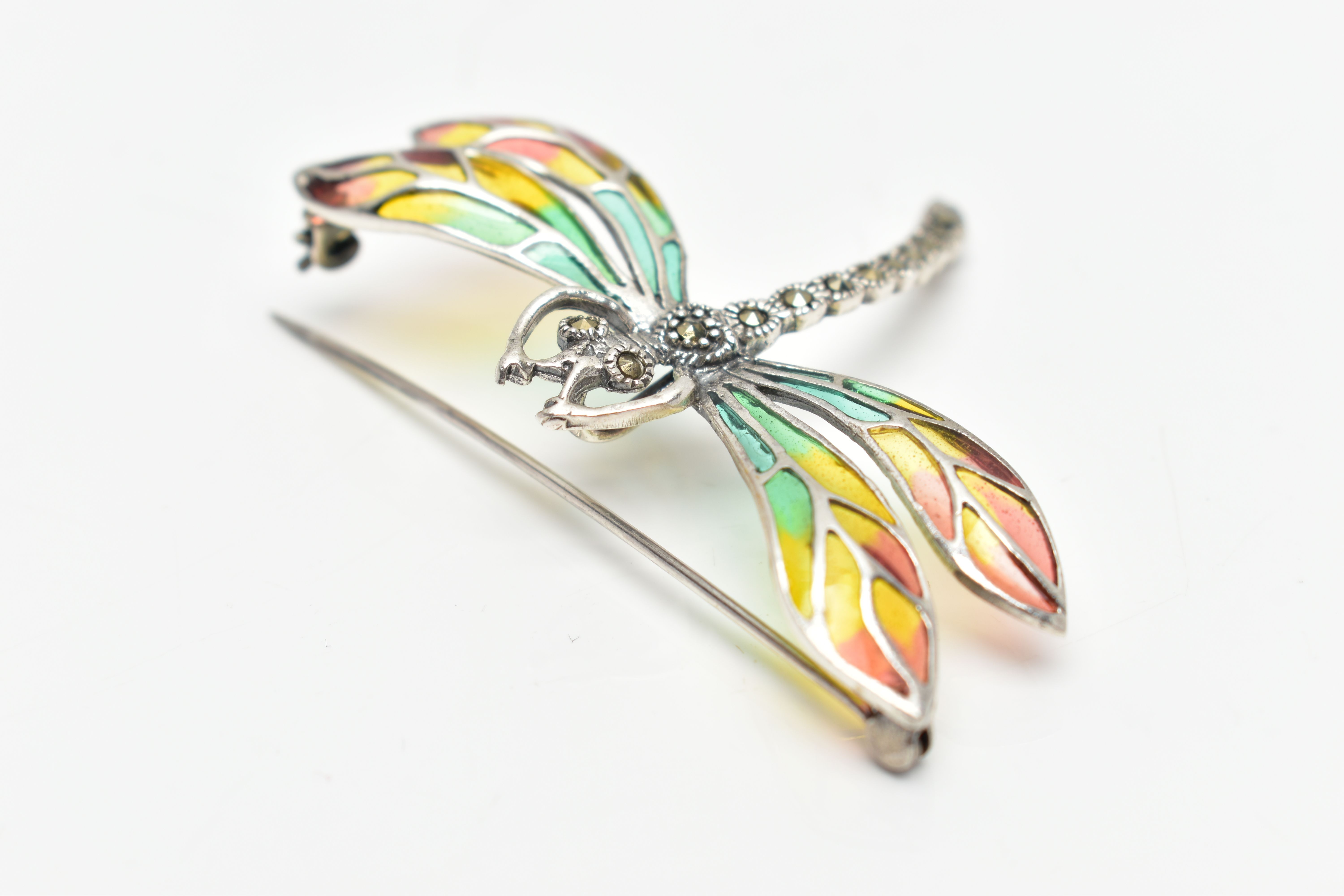 A WHITE METAL PLIQUE A JOUR MARCASITE DRAGONFLY BROOCH, the marcasite body and eyes, with vari hue - Image 3 of 3