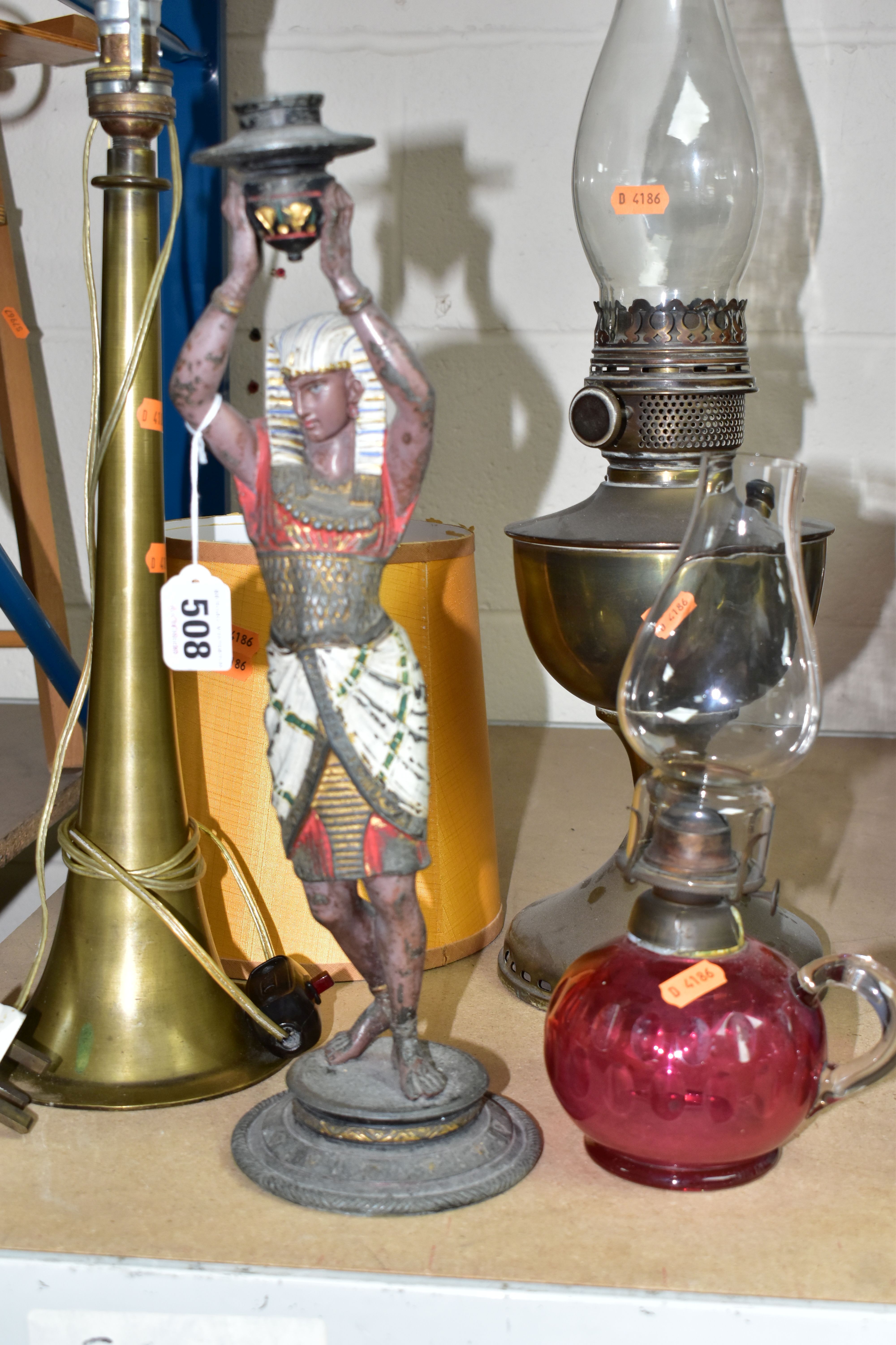 A GROUP OF FOUR LAMPS, comprising a brass oil lamp, height 56cm to top of glass chimney (no - Image 2 of 4