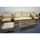 A PLATT AND HILL WICKER THREE PIECE LOUNGE SUITE, comprising a two seater sofa, a pair of