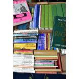 BOOKS, two boxes of books, pamphlets and reports relating to squash, tennis and other racquet