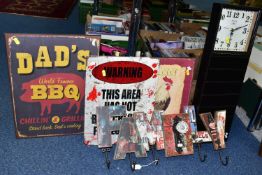 REPRODUCTION VINTAGE STYLE SIGNS AND WOODEN CRATES, to include coat hooks spelling 'Family', 'Dad'