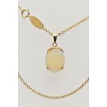 A YELLOW METAL OPAL PENDANT WITH CHAIN, the oval opal cabochon, with yellow metal cap, tapered