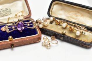 TWO LATE 19TH CENTURY BAR BROOCHES AND A PAIR OF EARRINGS, the first bar brooch comprised of three