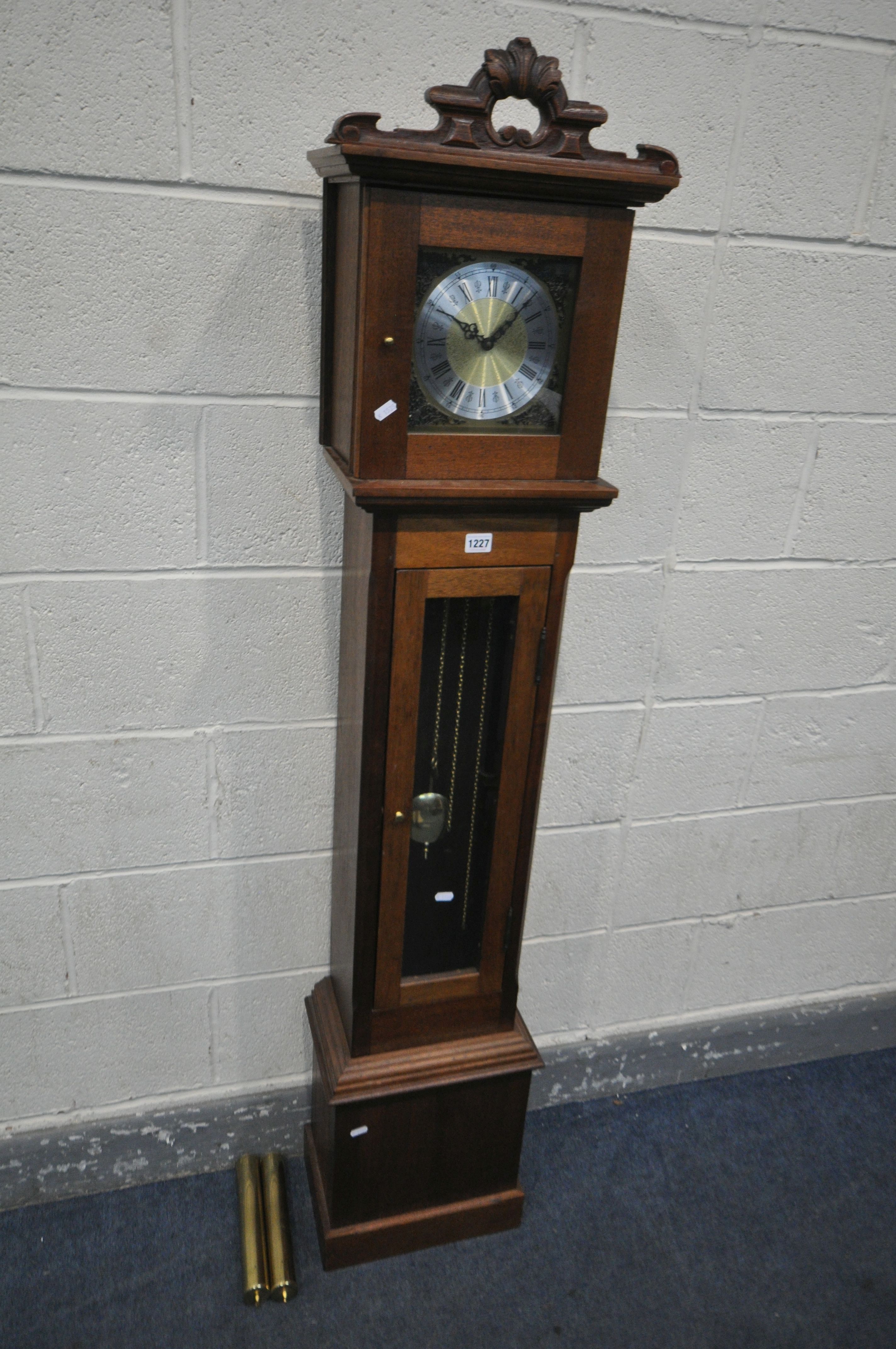 A MAHOGANY GRANDDAUGHTER CLOCK, with a brass and silvered dial, height 168cm, two weights and