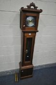 A MAHOGANY GRANDDAUGHTER CLOCK, with a brass and silvered dial, height 168cm, two weights and