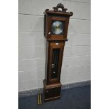 A MAHOGANY GRANDDAUGHTER CLOCK, with a brass and silvered dial, height 168cm, two weights and