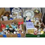 FOUR BOXES OF CERAMICS, to include a boxed Yardley English Lavender figurine, crested ware in the