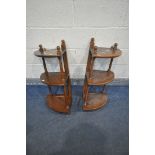 A PAIR OF ERCOL ELM THREE TIER HANGING CORNER SHELVES, height 75cm (condition - surface marks and