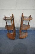 A PAIR OF ERCOL ELM THREE TIER HANGING CORNER SHELVES, height 75cm (condition - surface marks and