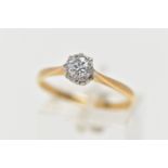 A YELLOW METAL DIAMOND SINGLE STONE RING, the brilliant cut diamond, to the tapered shoulders and