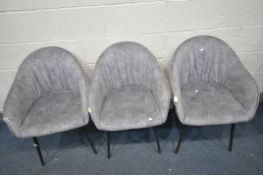 FOUR GREY UPHOLSTERED TUB CHAIRS, on black metal legs