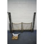 TWO 19TH CENTURY BRASS SPINDLED SINGLE BEDSTEADS, with irons (condition:-partially dismantled,