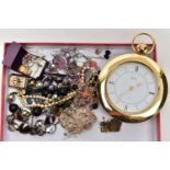 A BOX OF ASSORTED ITEMS, to include a yellow metal gem set earring, stamped 375, approximate gross