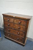 A VICTORIAN FLAME MAHOGANY CHEST OF TWO SHORT AND THREE LONG DRAWERS, on flat bun feet, width 101cmx