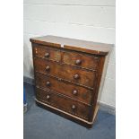 A VICTORIAN FLAME MAHOGANY CHEST OF TWO SHORT AND THREE LONG DRAWERS, on flat bun feet, width 101cmx