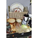 A BOX AND A BASKET OF CERAMICS, GLASS AND SUNDRY ITEMS, to include a Sadler style cream and silver