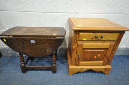 A SMALL OAK DROP LEAF OCCASIONAL TABLE, along with a pine bedside cabinet (condition:-good